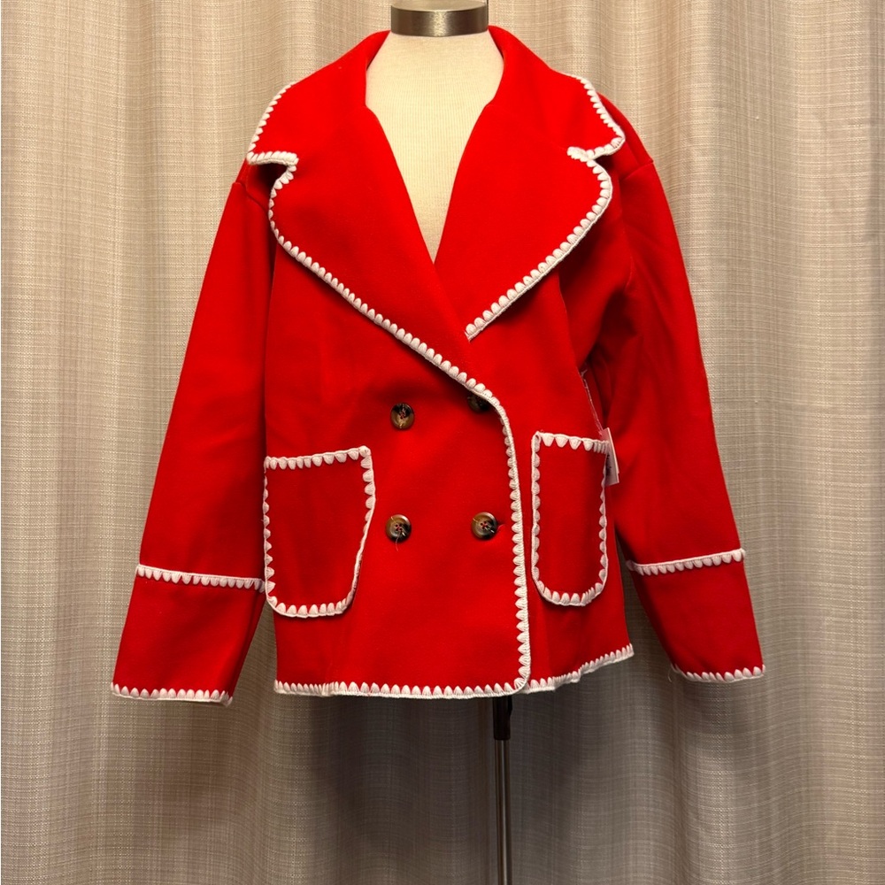 Elegant Red Double-Breasted Blazer with White Trim